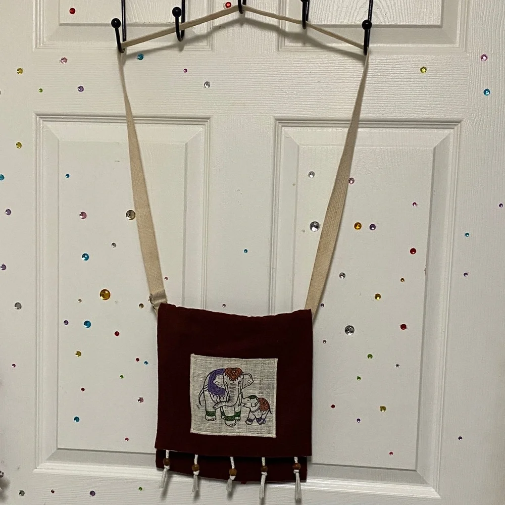 Elephant Embroidered Brown Crossbody Bag